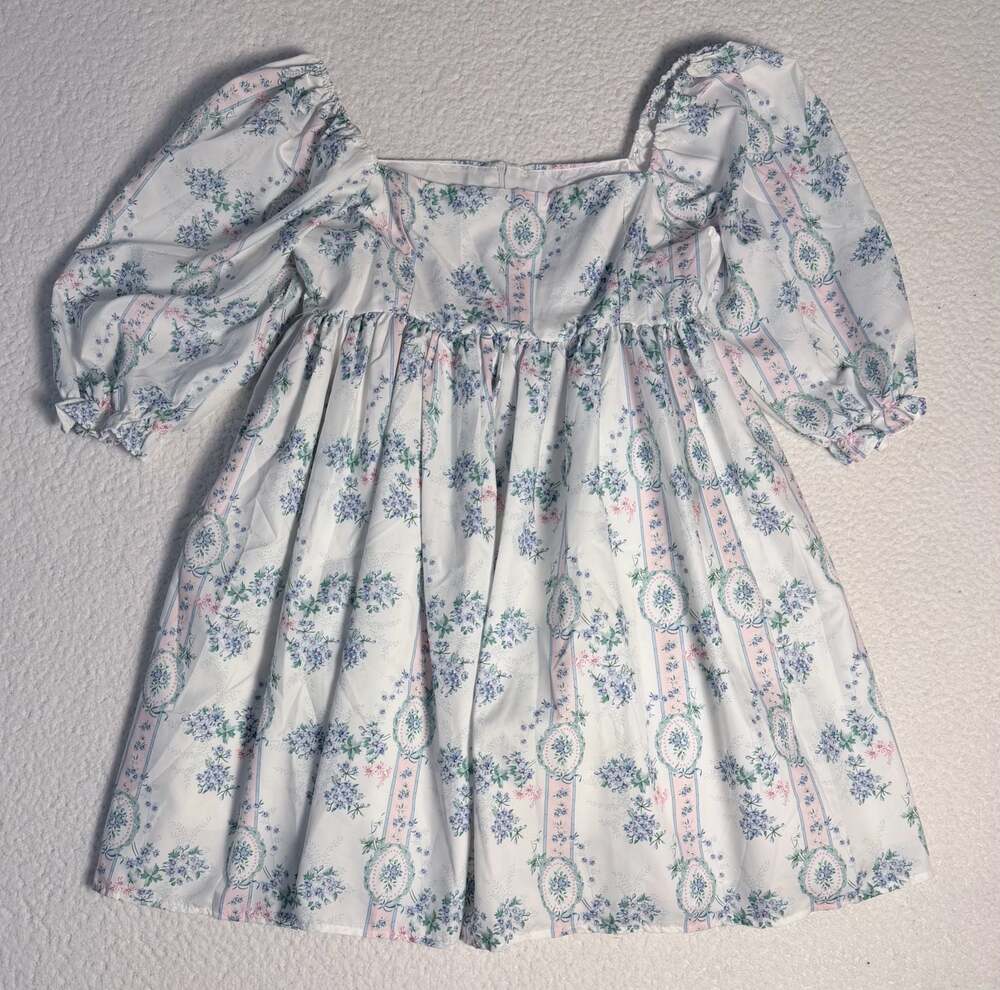 Vintage Floral Puff Sleeve Square Neck Babydoll Mini Dress